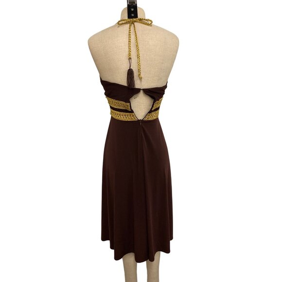 Vintage Eliza J. New York Brown & Gold Halter Dress With Crochet Detailing - Picture 6 of 8